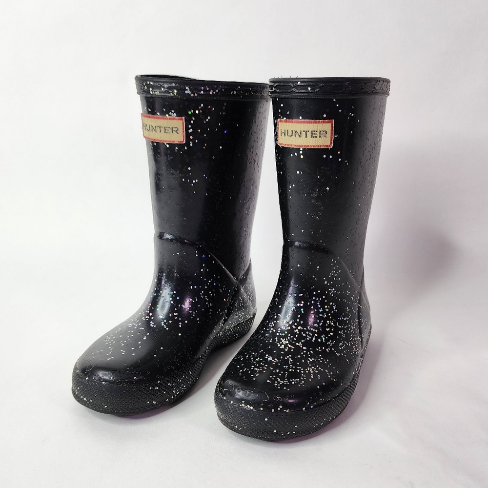 Hunter Girls black glitter rain boots